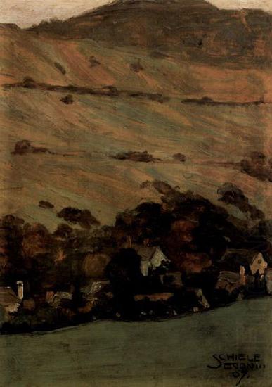 Hauser vor Berghang, Egon Schiele